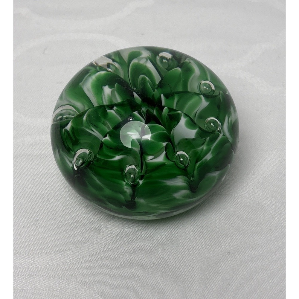 Vintage Joe St. Clair Emerald Green White Ribbon Swirl Bubble Round Paperweight